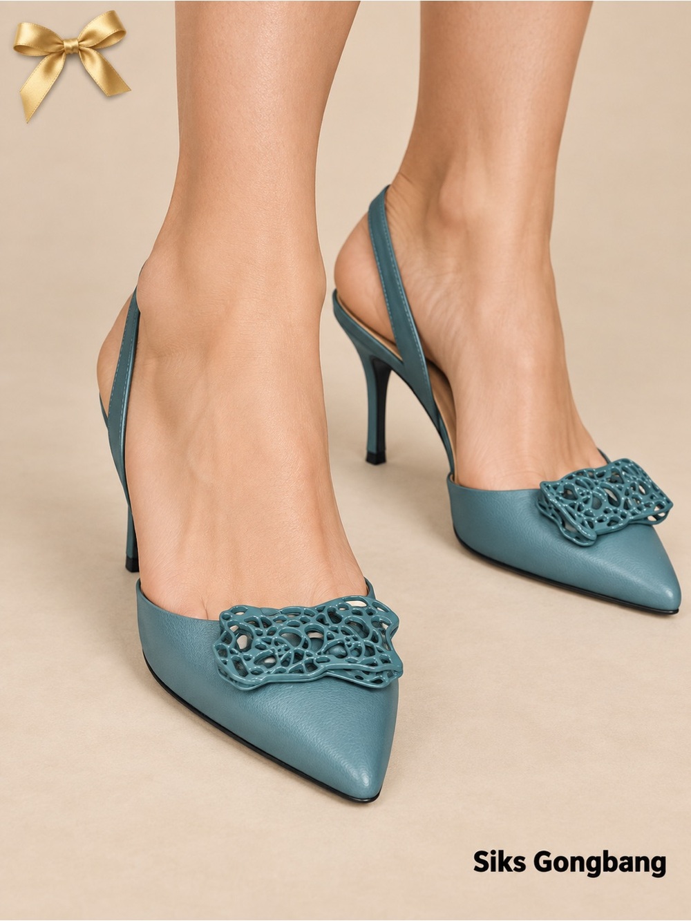 Teal Slingback Pointed-Toe Heels with Decorative Accent Korean Siks Gongbang